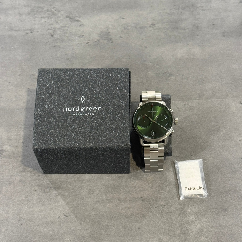 Nordgreen Pioneer Watch Mens Silver Green Dial Chronograph 42mm NEW $350